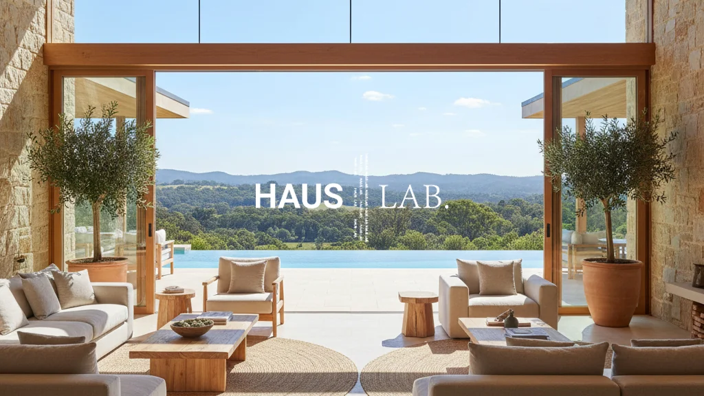 Haus Lab social banner over an indoor-outdoor living room and pool