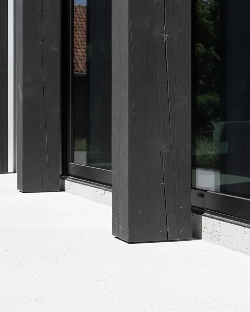 Black timber posts and glass facade above clean white concrete