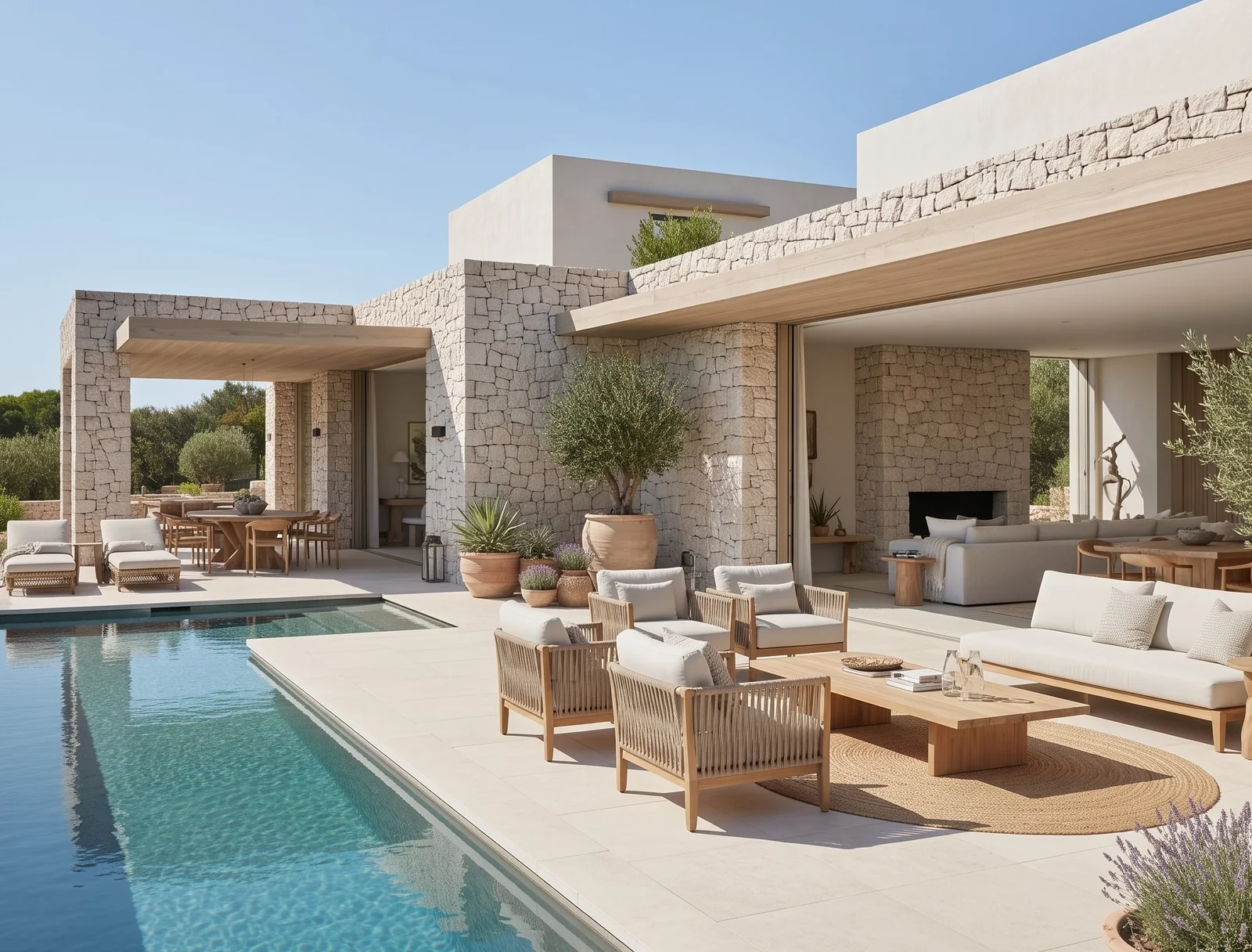 Stone house with a pool and outdoor lounge, the hero image for Haus Lab