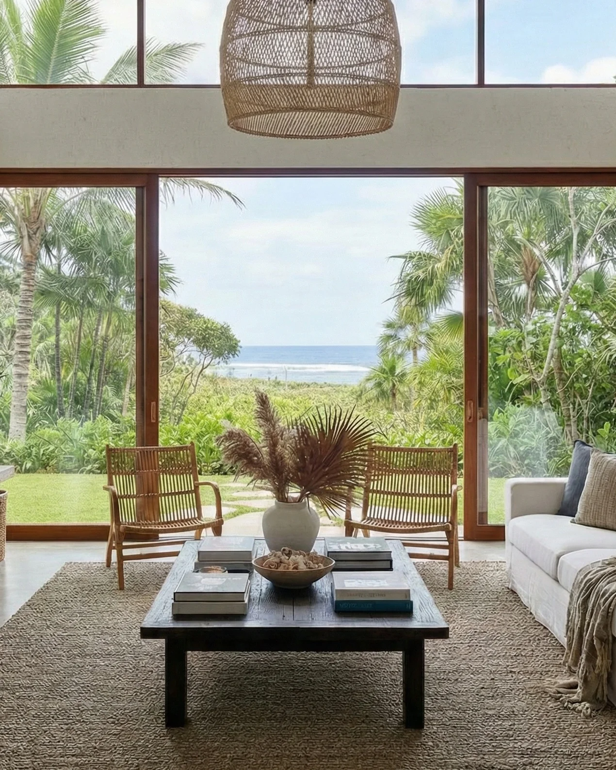 Living room with a timber coffee table and an ocean view through glass doors