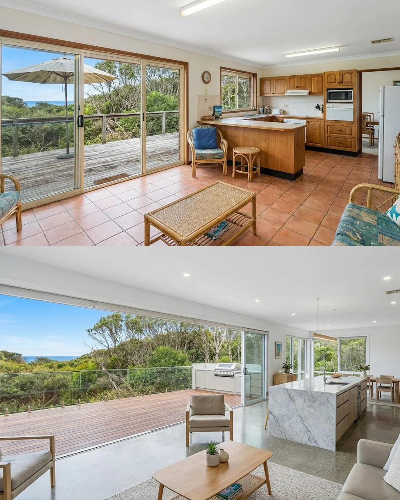 Before and after of a kitchen and living room makeover