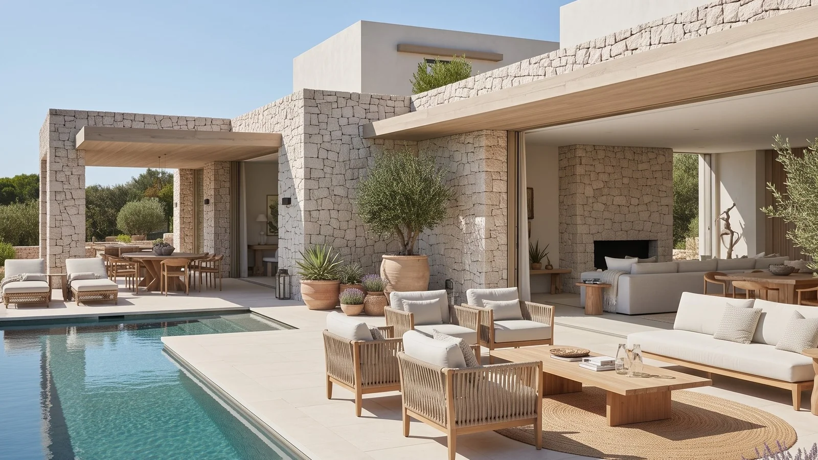 Stone house with a pool and outdoor lounge, the hero image for Haus Lab