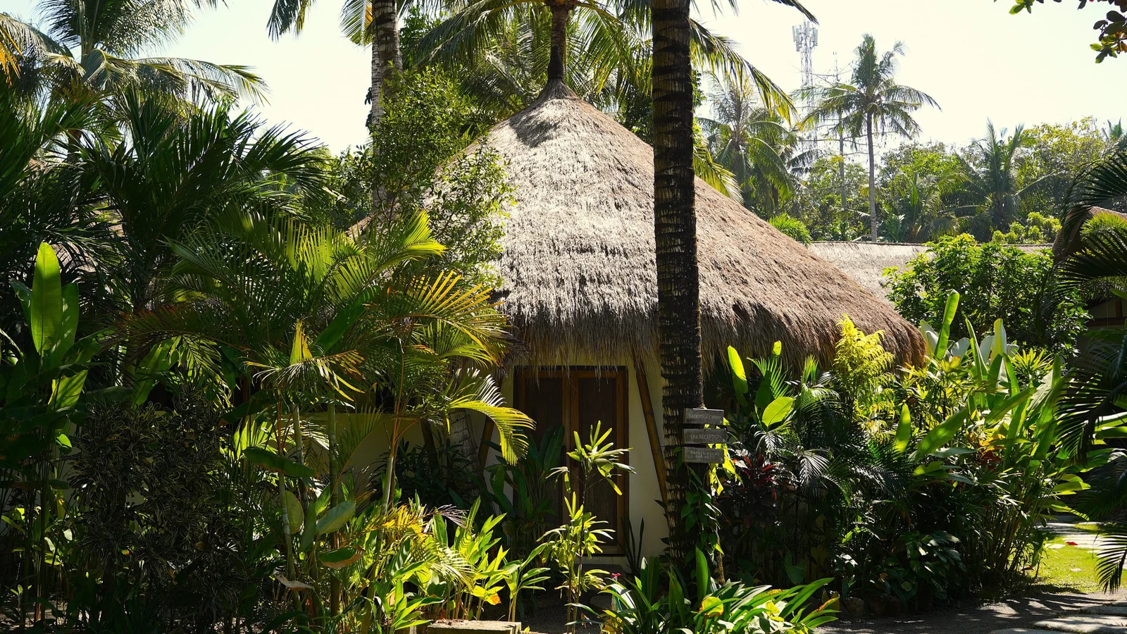 Thatched-roof bungalow in the tropical gardens at Mana Eco Retreat