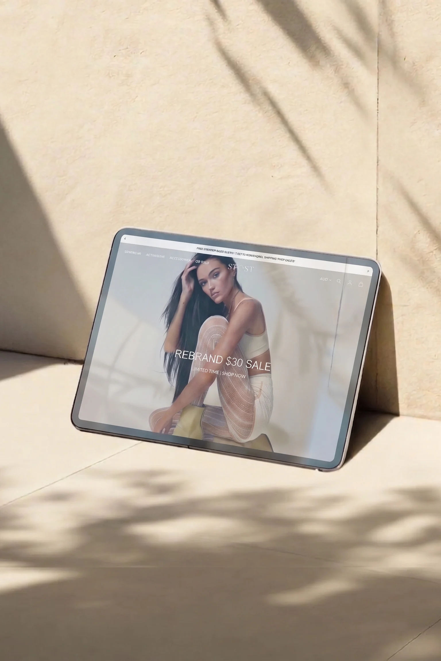 St.St website shown on a tablet leaning against a sunlit wall